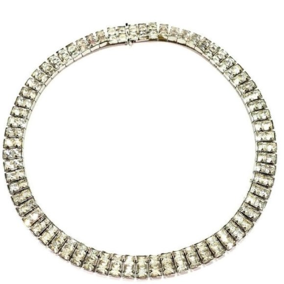 Silver Tone Channel Rhinestone Necklace Collar 14" - Picture 4 of 8